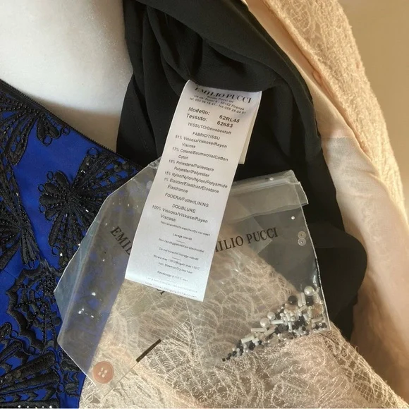 Emilio Pucci Blush Lace Beaded Bird Sleeveless Blue Scallop Shell Dress size 14 - Picture 5 of 15